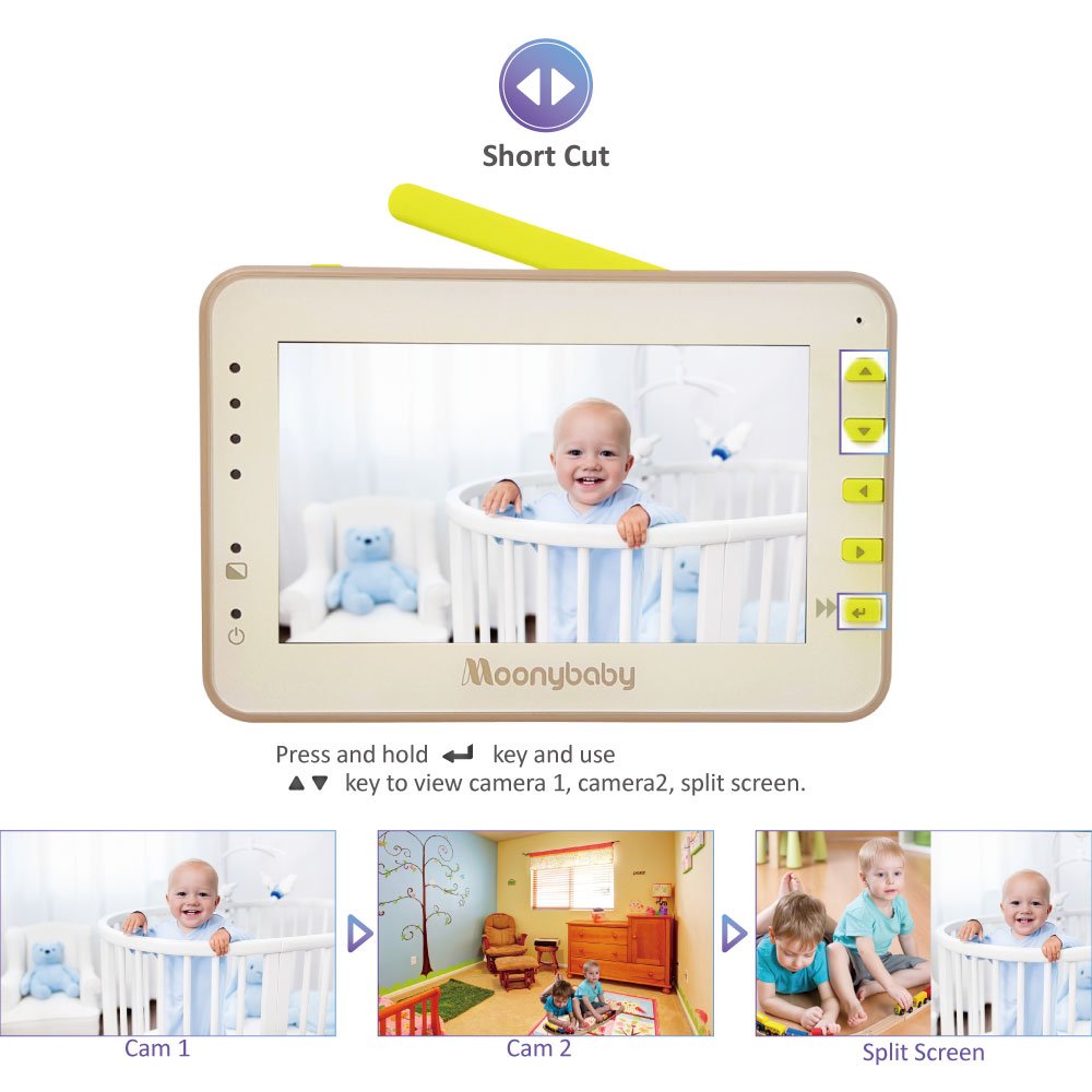 Moonybaby Split 55 Baby Monitor with 2 Cameras, Split Screen Video, No WiFi Pan Tilt Camera, Wide View Lens Included, 4.3 inches Large Monitor, Night Vision, Temperature, 2 Way Talk Back, Long Range