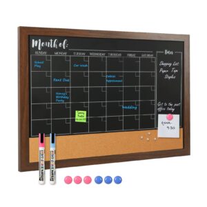 4 thought chalkboard calendar corkboard combo, 18" x 24" bulletin board magnetic calendar chalkboard for wall combination board monthly planner rustic brown frame 2 markers 6 magnets 4 pushpins
