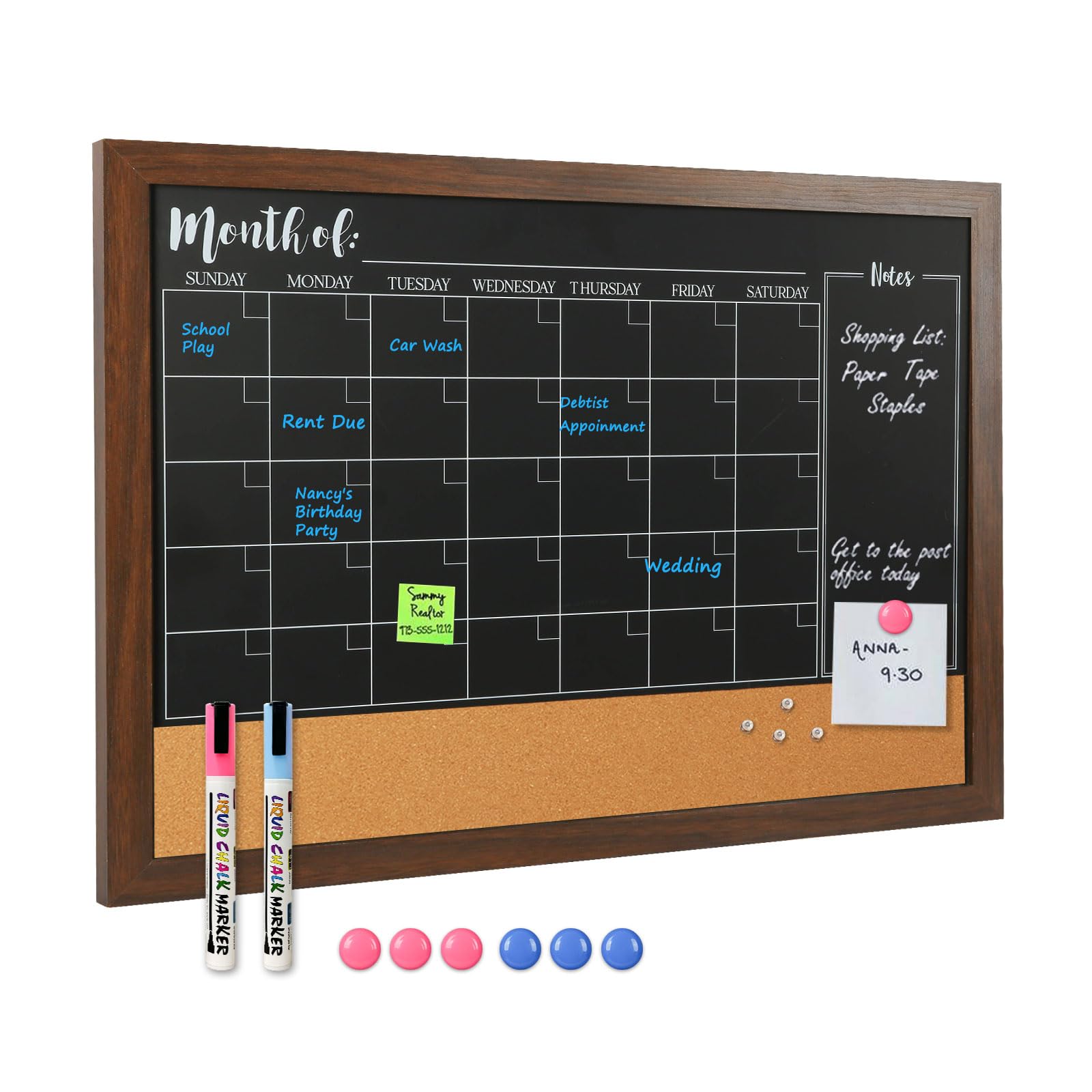 4 THOUGHT Chalkboard Calendar Corkboard Combo, 18" x 24" Bulletin Board Magnetic Calendar Chalkboard for Wall Combination Board Monthly Planner Rustic Brown Frame 2 Markers 6 Magnets 4 Pushpins