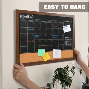 4 THOUGHT Chalkboard Calendar Corkboard Combo, 18" x 24" Bulletin Board Magnetic Calendar Chalkboard for Wall Combination Board Monthly Planner Rustic Brown Frame 2 Markers 6 Magnets 4 Pushpins