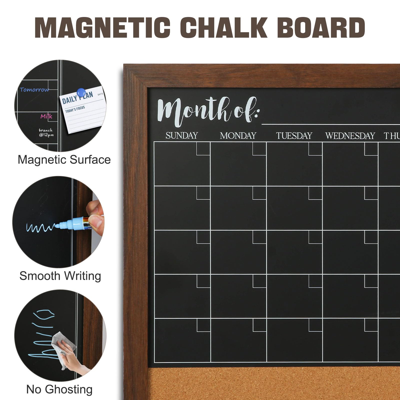 4 THOUGHT Chalkboard Calendar Corkboard Combo, 18" x 24" Bulletin Board Magnetic Calendar Chalkboard for Wall Combination Board Monthly Planner Rustic Brown Frame 2 Markers 6 Magnets 4 Pushpins