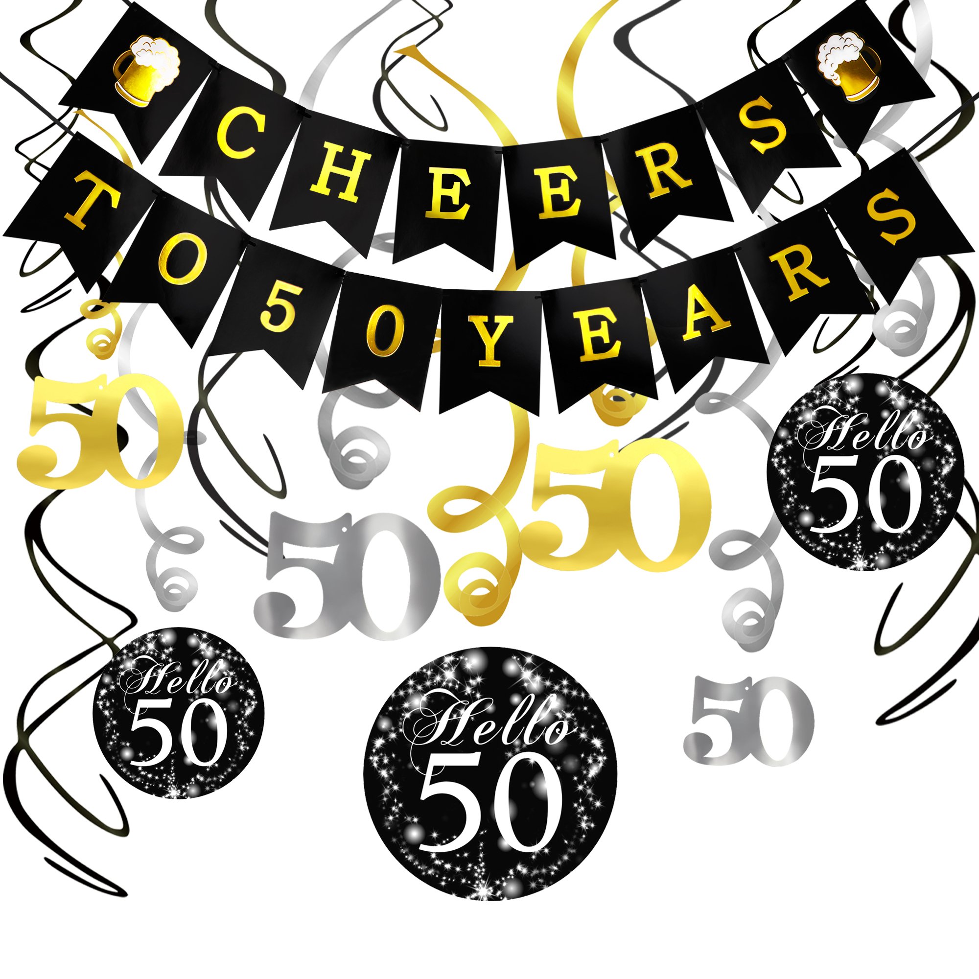 Konsait 50th Birthday Decorations Kit Cheers to 50 Years Banner Swallowtail Bunting Garland Sparkling Celebration 50 Hanging Swirls,Perfect 50 Years Old Party Supplies 50th Anniversary Decorations