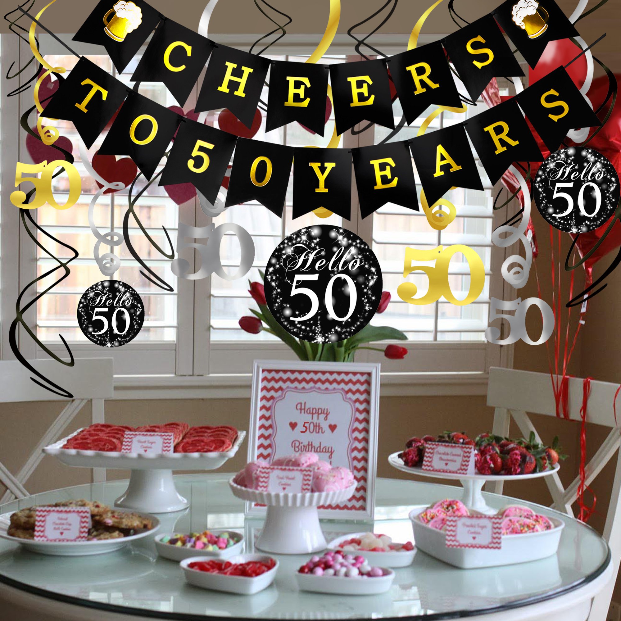 Konsait 50th Birthday Decorations Kit Cheers to 50 Years Banner Swallowtail Bunting Garland Sparkling Celebration 50 Hanging Swirls,Perfect 50 Years Old Party Supplies 50th Anniversary Decorations