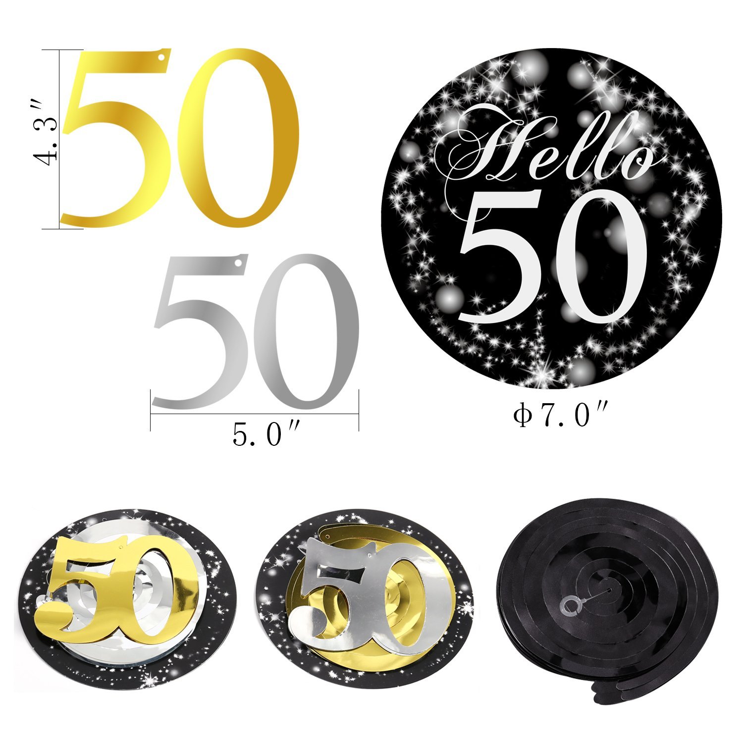 Konsait 50th Birthday Decorations Kit Cheers to 50 Years Banner Swallowtail Bunting Garland Sparkling Celebration 50 Hanging Swirls,Perfect 50 Years Old Party Supplies 50th Anniversary Decorations