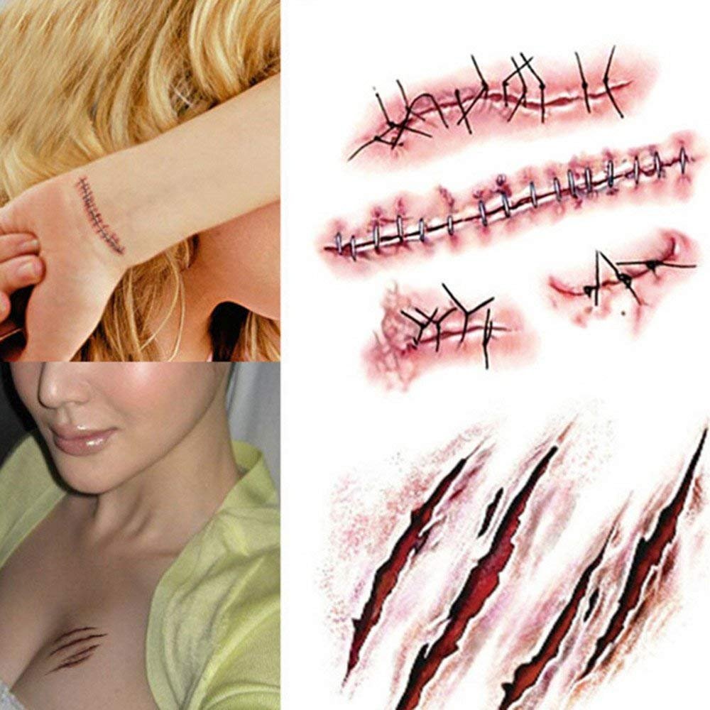 HOTOP Cosplay Makeup Joke Scratch Wound Scab Blood Scar Tattoos Temporary Tattoo Sticker Wound Zombie Scars(10pcs)