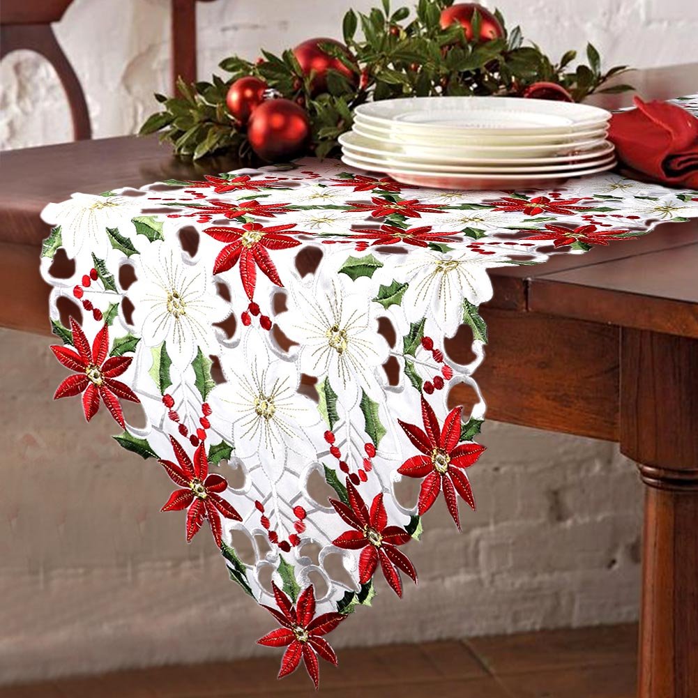 OurWarm 15 x 70 Inch Christmas Table Runner Embroidered Table Runner Red Table Linens for Christmas Decorations