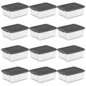 sterilite 25 quart shelf tote with flat gray lid with handles and platinum latches for home organization, clear base (12 pack)