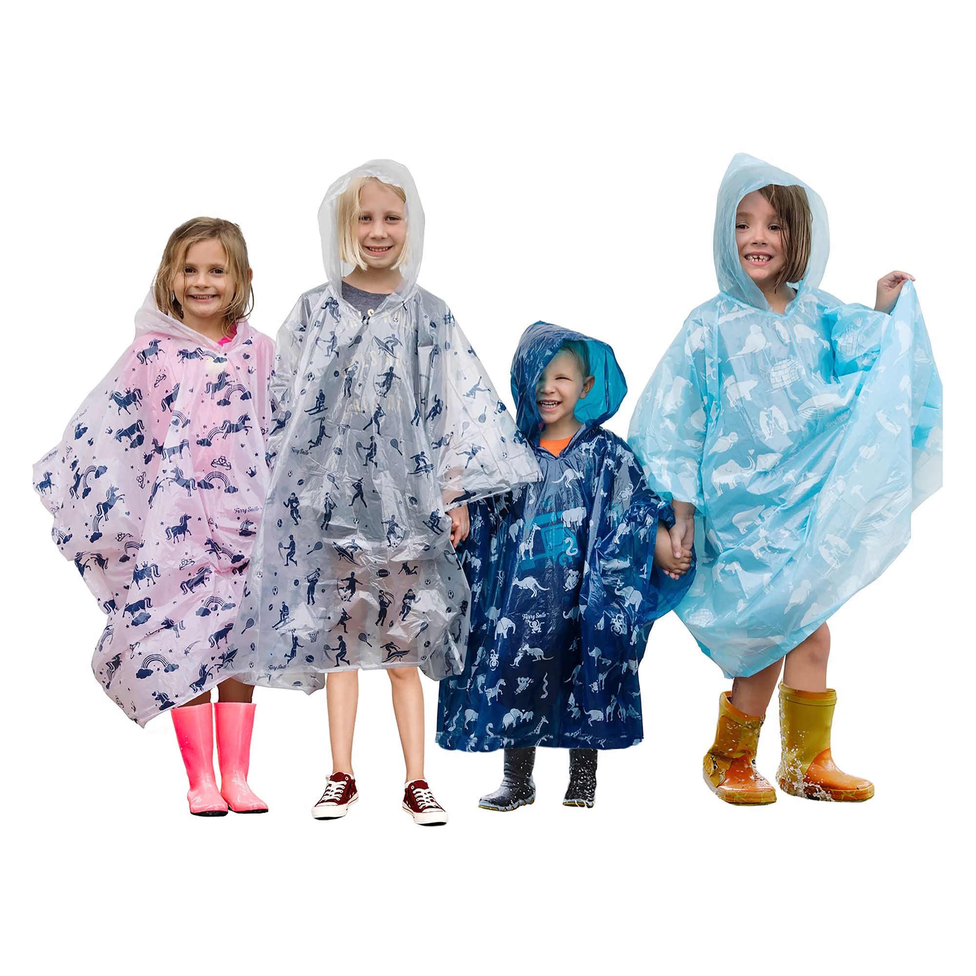 Disposable Rain Ponchos Kids - Emergency Kids Rain Poncho - 4 Pack Hooded Ponchos for Boys and Girls With Fun Designs