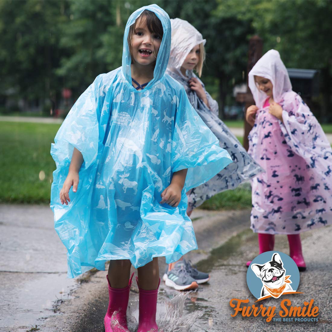 Disposable Rain Ponchos Kids - Emergency Kids Rain Poncho - 4 Pack Hooded Ponchos for Boys and Girls With Fun Designs