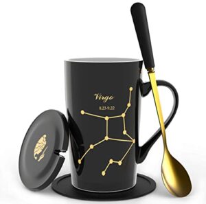 fullcci -15oz virgo birthday gift ceramic creative constellation zodiac coffee mug set capacity upgrade tea cup for cocoa water milk juice (virgo-black gold)