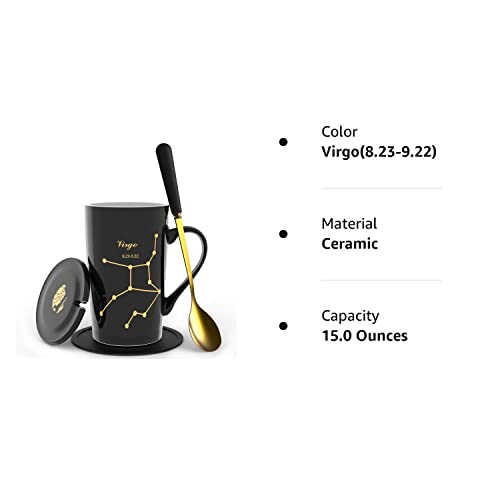 Fullcci -15oz Virgo Birthday Gift Ceramic Creative Constellation Zodiac Coffee Mug Set Capacity Upgrade Tea Cup for Cocoa Water Milk Juice (Virgo-Black Gold)