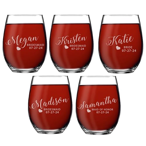 Set of 1, 2, 3, 4, 5, 6, 7, 8 Custom Engraved Bridesmaid Gifts - Personalized Stemless Wine Glasses - Passion Style (5)