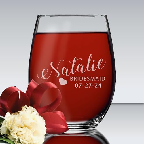 Set of 1, 2, 3, 4, 5, 6, 7, 8 Custom Engraved Bridesmaid Gifts - Personalized Stemless Wine Glasses - Passion Style (5)