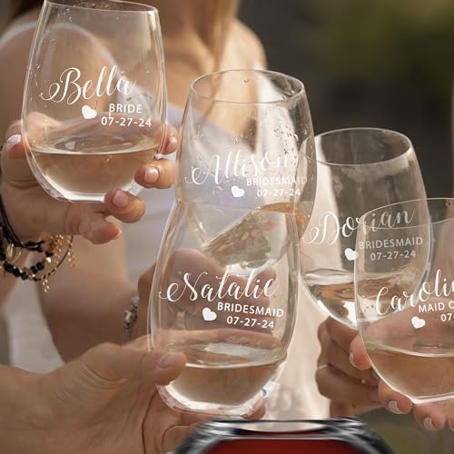 Set of 1, 2, 3, 4, 5, 6, 7, 8 Custom Engraved Bridesmaid Gifts - Personalized Stemless Wine Glasses - Passion Style (5)