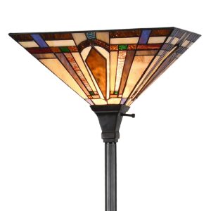 docheer tiffany style torchiere floor lamp mission stained glass shade 12"x 69" tall pole vintage antique reading light fixture for living room bedroom