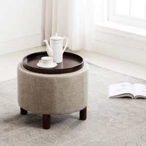 chairus Round Storage Ottoman with Tray, Small Footrest with Blue Striped Lid & Wood Legs, Beige