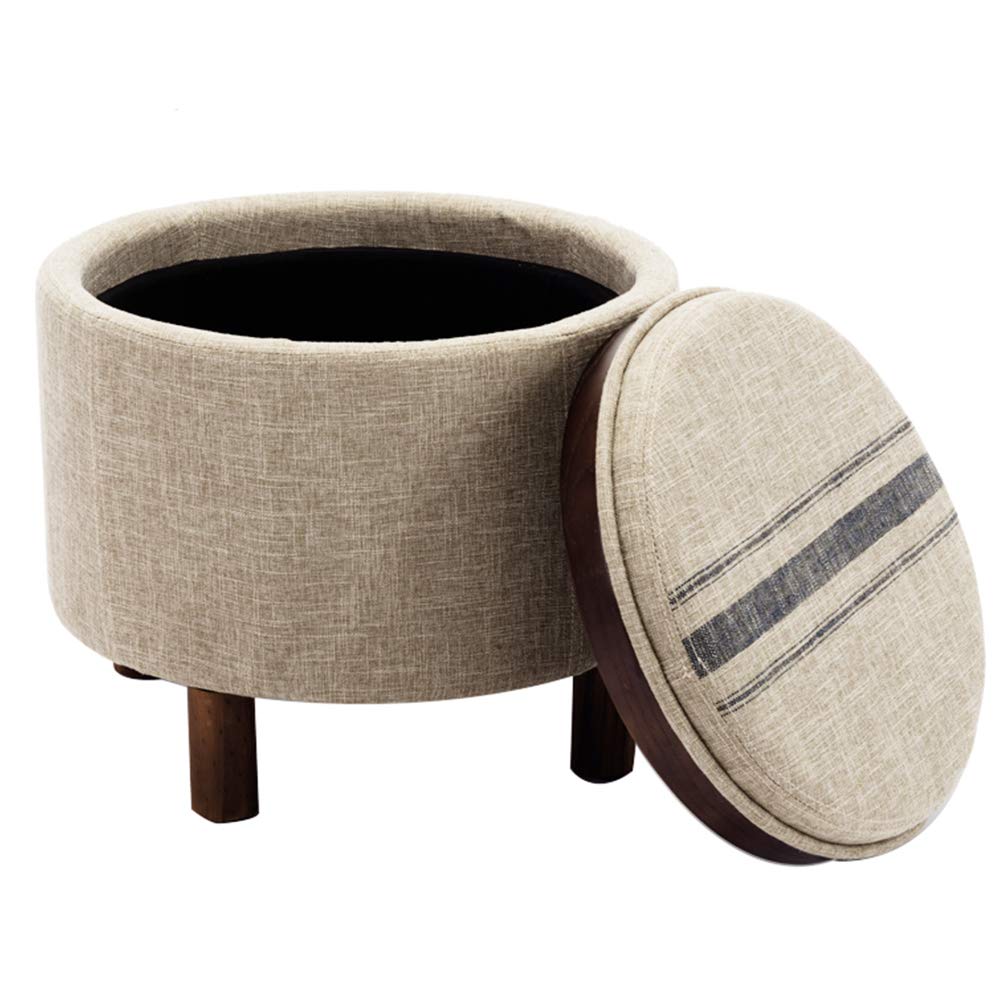 chairus Round Storage Ottoman with Tray, Small Footrest with Blue Striped Lid & Wood Legs, Beige