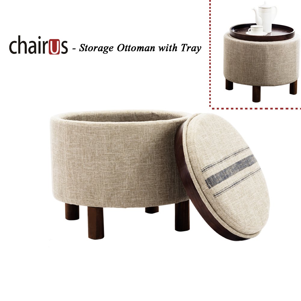 chairus Round Storage Ottoman with Tray, Small Footrest with Blue Striped Lid & Wood Legs, Beige