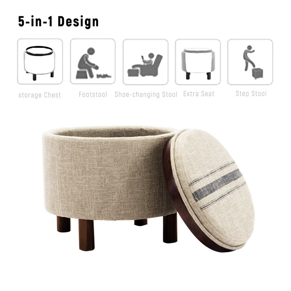 chairus Round Storage Ottoman with Tray, Small Footrest with Blue Striped Lid & Wood Legs, Beige