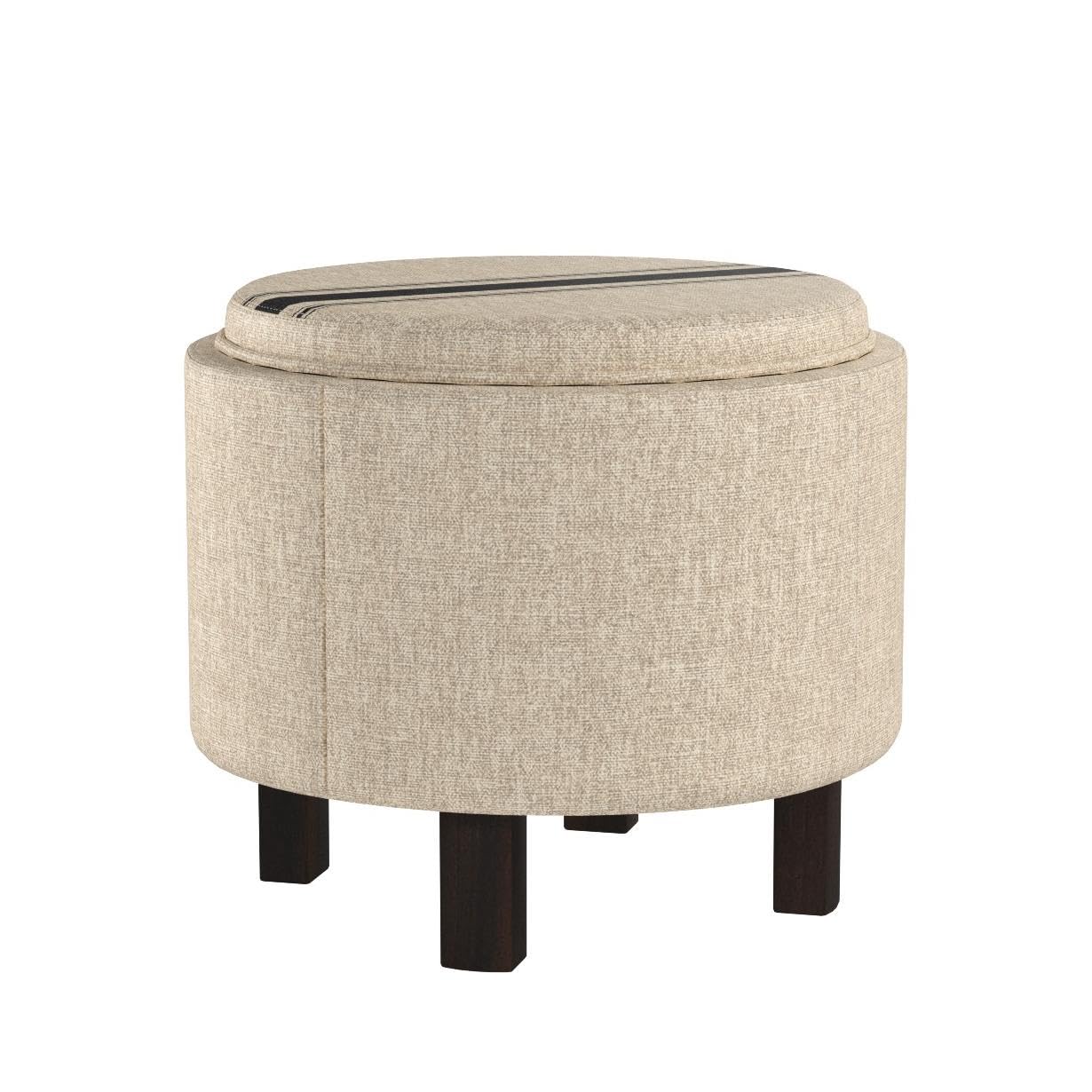 chairus Round Storage Ottoman with Tray, Small Footrest with Blue Striped Lid & Wood Legs, Beige