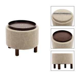 chairus Round Storage Ottoman with Tray, Small Footrest with Blue Striped Lid & Wood Legs, Beige