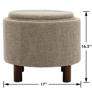 chairus Round Storage Ottoman with Tray, Small Footrest with Blue Striped Lid & Wood Legs, Beige