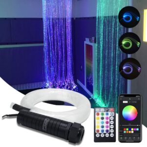 amki 6w rgbw fiber optic curtain light kit, bluetooth waterfall curtain light for window kid children sensory room home decoration with flash point fiber optic cables 200strands 0.03in/0.75mm 6.5ft/2m