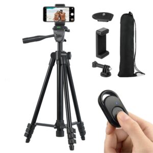 polarduck camera mount phone tripod stand: 51-inch 130cm lightweight travel tripod for iphone with remote & phone holder & gopro adapter compatible with iphone & android cell phone | matte black