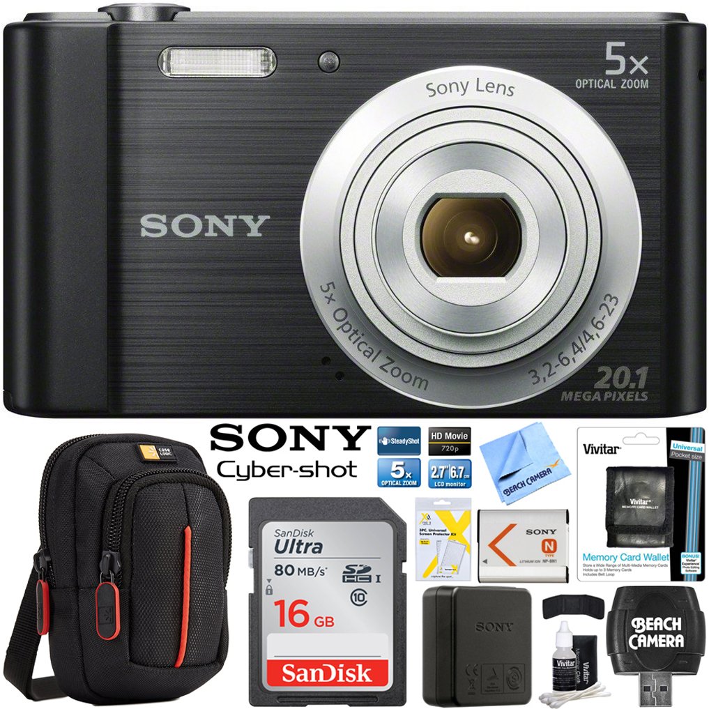 Sony DSC-W800/B Point and Shoot Digital Still Camera Black Bundle with 16GB Memory Card, Bag, Microfiber Cleaning Cloth, Card Reader, Screen Protectors, 3 Piece Cleaning Kit and Memory Card Wallet