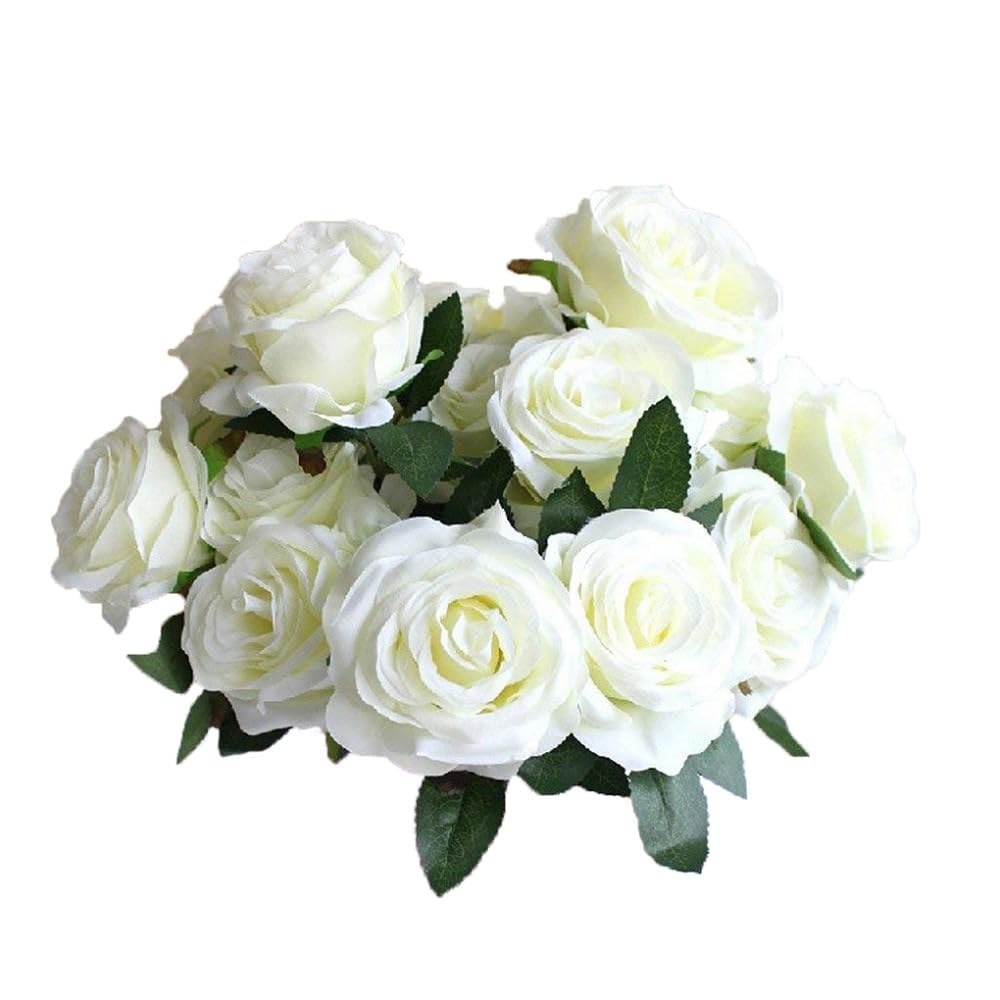 Jasion Artificial Roses Flowers 10 Heads Arrangement Silk Bouquet for Home Office Parties Bridal and Wedding Decoration (White)