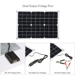 Lixada Solar Panel Charger USB Port Portable High Power Monocrystalline Solar Panel Phone USB Devices Charger & Car Battery Charging Clip Line for Cell Phone Camping RV Boat Marine - 20Watt