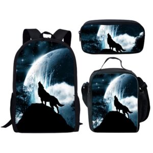 dellukee middle school student backpack lunch bag set pen bags fashion durable large book bag wolf print