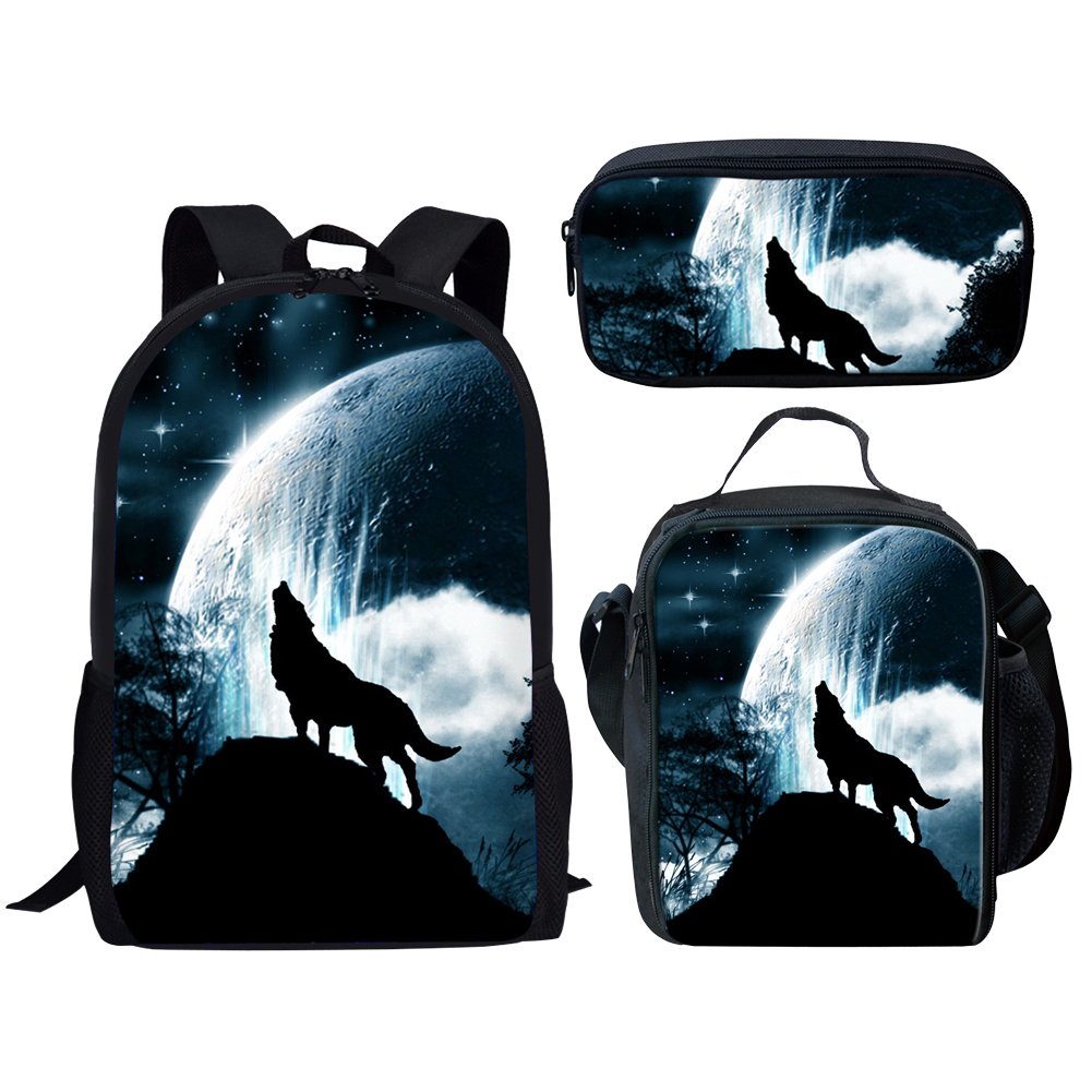 Dellukee Middle School Student Backpack Lunch Bag Set Pen Bags Fashion Durable Large Book Bag Wolf Print