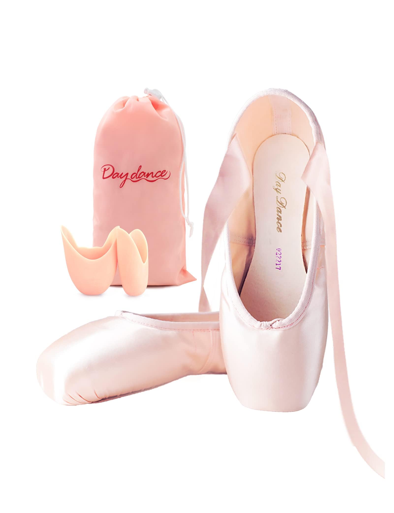 Daydance Women's Pointe Shoes Pink Ribbon Ballerina Ballet Shoes with Silicone Toe Pads (Light Pink, 7)