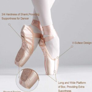 Daydance Women's Pointe Shoes Pink Ribbon Ballerina Ballet Shoes with Silicone Toe Pads (Light Pink, 7)