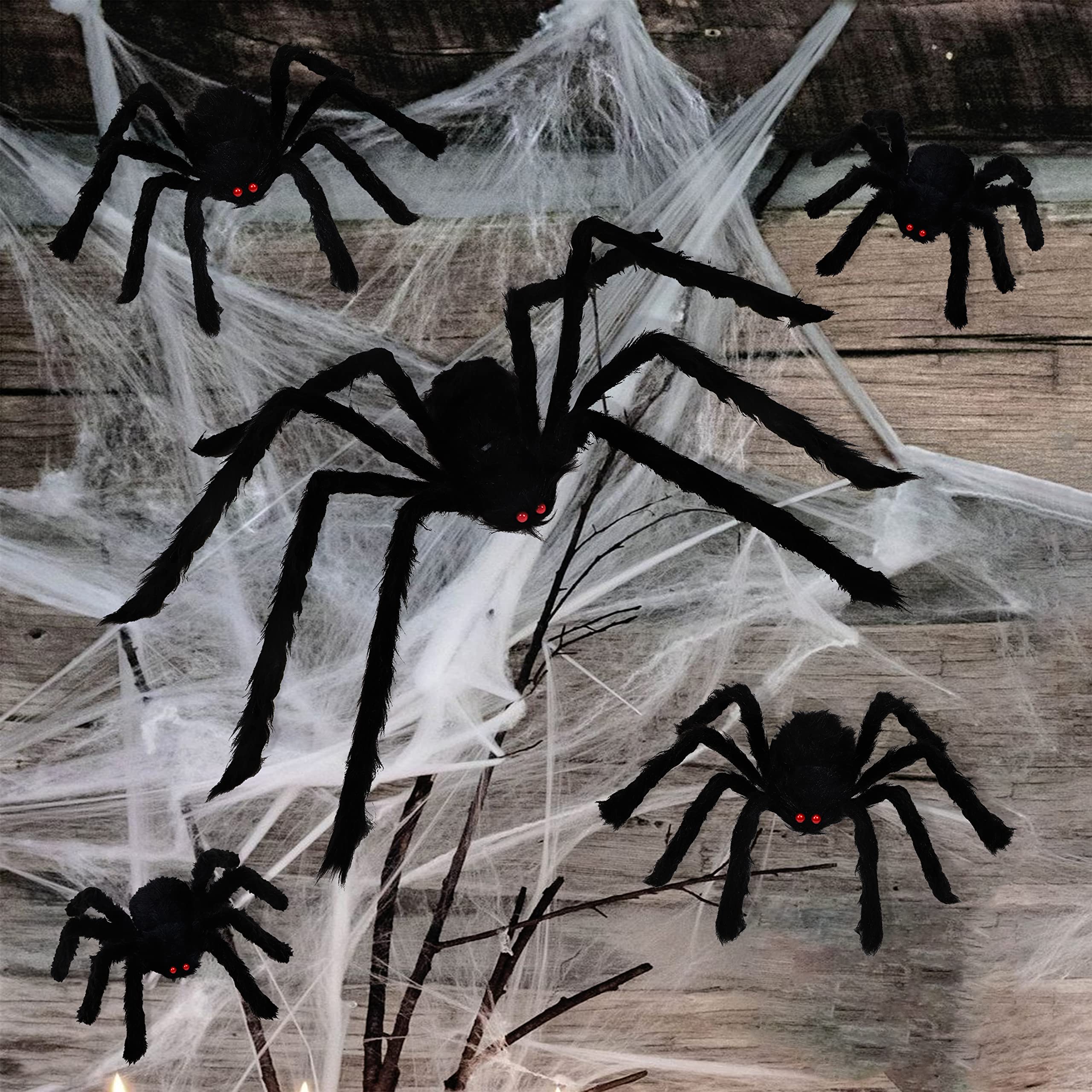 jollylife 7PCS Halloween Decorations Outdoor Fake Giant Spiders - Scary Props for Yard Haunted House Indoor Party Decor Supplies (47”×1pcs, 30”×1pcs, 20”×2pcs, 12”×3pcs)