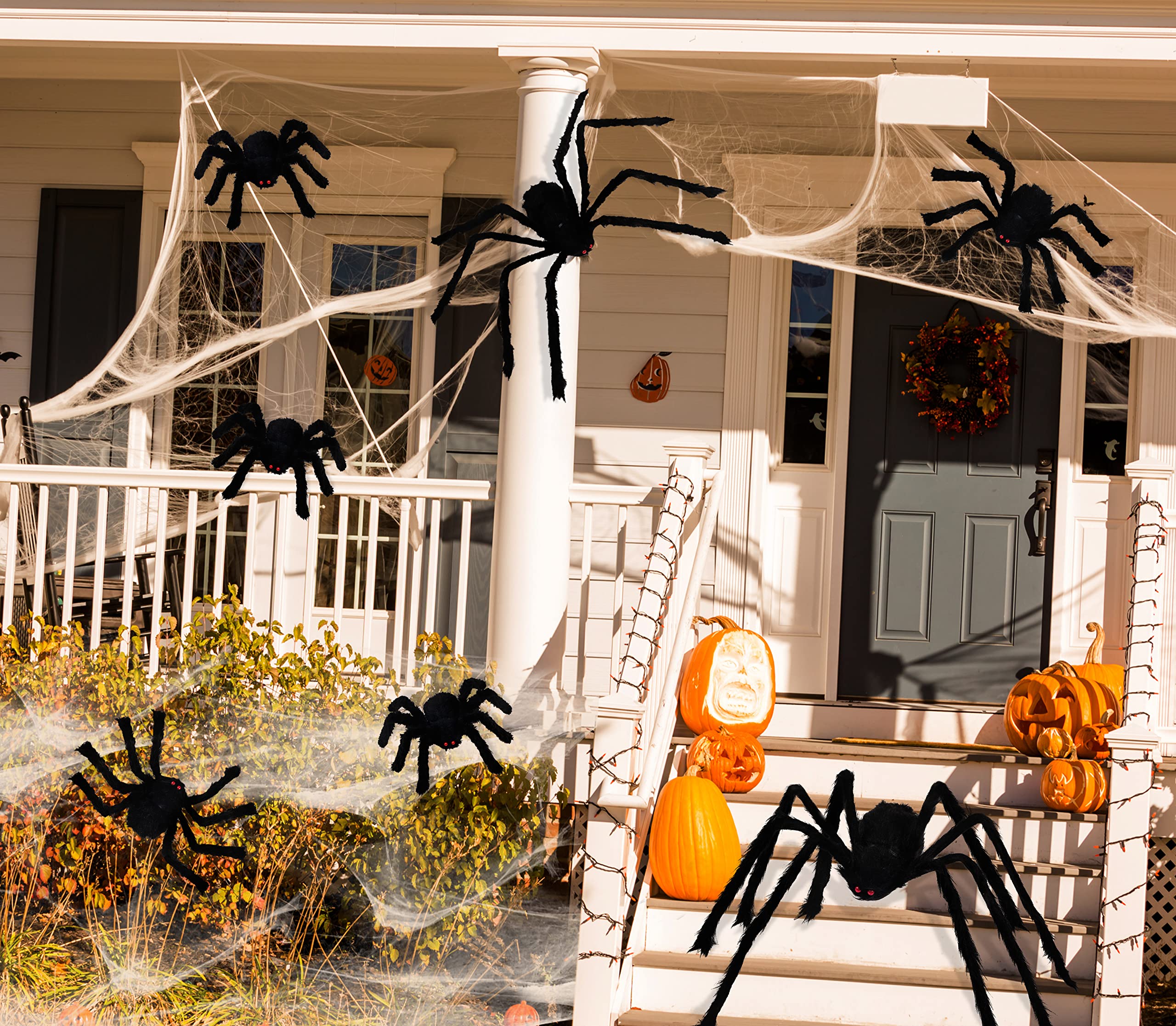 jollylife 7PCS Halloween Decorations Outdoor Fake Giant Spiders - Scary Props for Yard Haunted House Indoor Party Decor Supplies (47”×1pcs, 30”×1pcs, 20”×2pcs, 12”×3pcs)