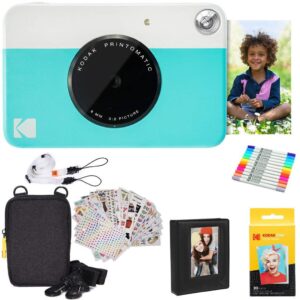 kodak printomatic instant camera (blue) gift bundle + zink paper (20 sheets) + case + 7 sticker sets + markers + photo album. , 2x3