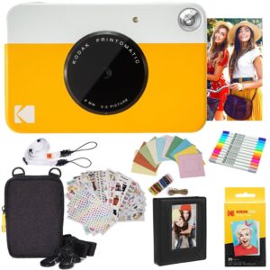 kodak printomatic instant camera (yellow) gift bundle + zink paper (20 sheets) + deluxe case + 7 fun sticker sets + twin tip markers + photo album.