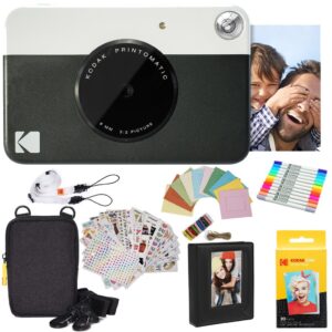 kodak printomatic instant camera (black) gift bundle + zink paper (20 sheets) + deluxe case + 7 fun sticker sets + twin tip markers + photo album.