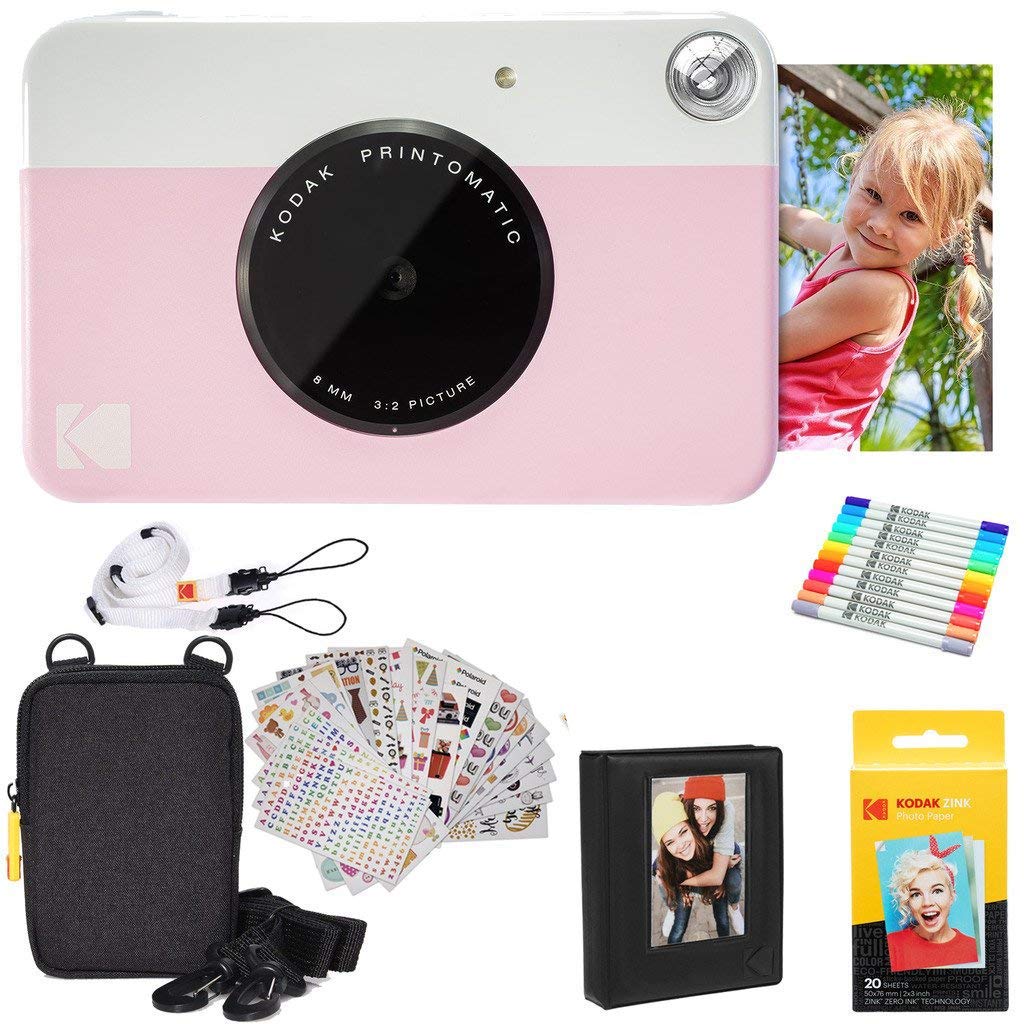 Kodak Printomatic Instant Camera (Pink) Gift Bundle + Zink Paper (20 Sheets) + Deluxe Case + 7 Fun Sticker Sets + Twin Tip Markers + Photo Album.