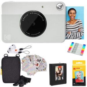 kodak printomatic instant camera (grey) gift bundle + zink paper (20 sheets) + deluxe case + 7 fun sticker sets + twin tip markers + photo album.