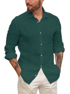 mens button up shirts linen beach long sleeve casual cotton summer lightweight tops