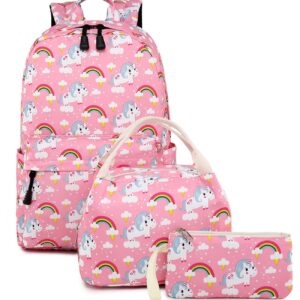 abshoo Cute Lightweight Kids School Bookbags Unicorn Girls Backpacks With Lunch Bag (Unicorn Pink Set)