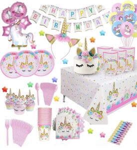 unicorn party decorations and supplies, 179 pc. set, colorful happy birthday theme for girls with banner, balloons, favor goody bags, napkins, utensils, cups, and cute tiaras for kids