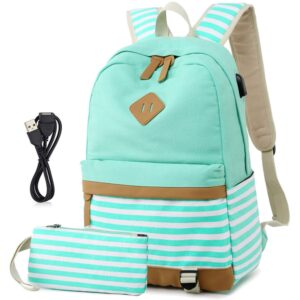 meisohua canvas backpack college laptop backpack with usb casual travel daypack for women teen girls school bookbag(2 in 1 green set)