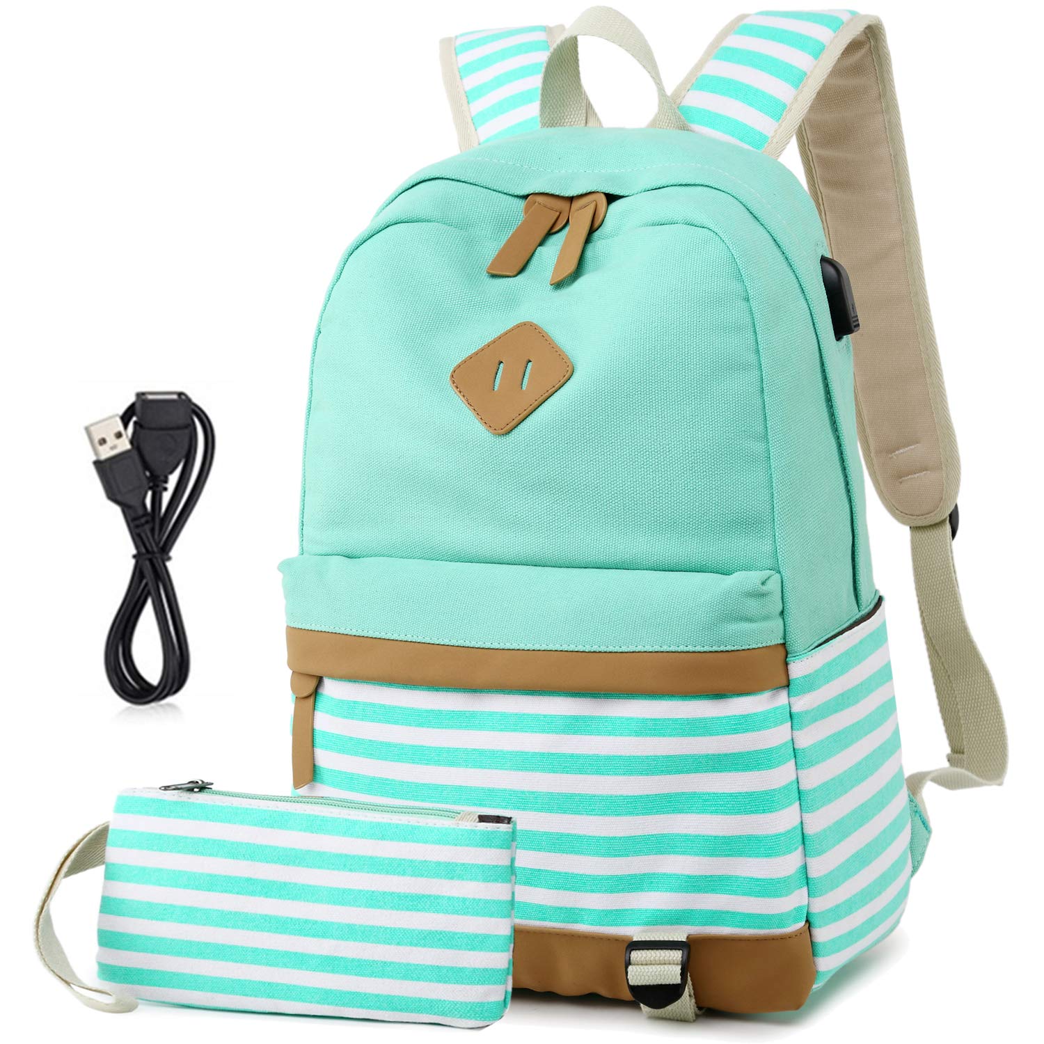 Meisohua Canvas Backpack College Laptop Backpack with USB Casual Travel Daypack for Women Teen Girls School Bookbag(2 in 1 Green Set)