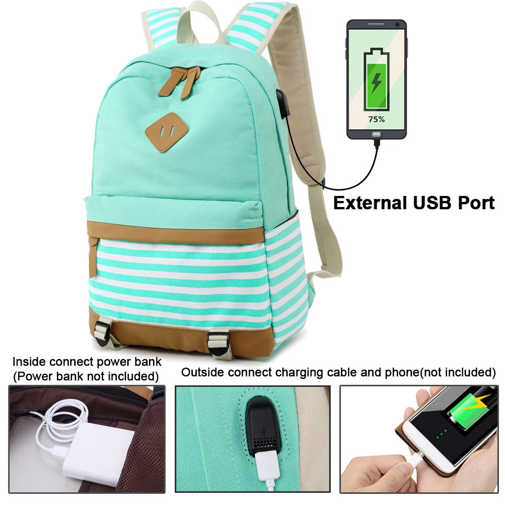 Meisohua Canvas Backpack College Laptop Backpack with USB Casual Travel Daypack for Women Teen Girls School Bookbag(2 in 1 Green Set)