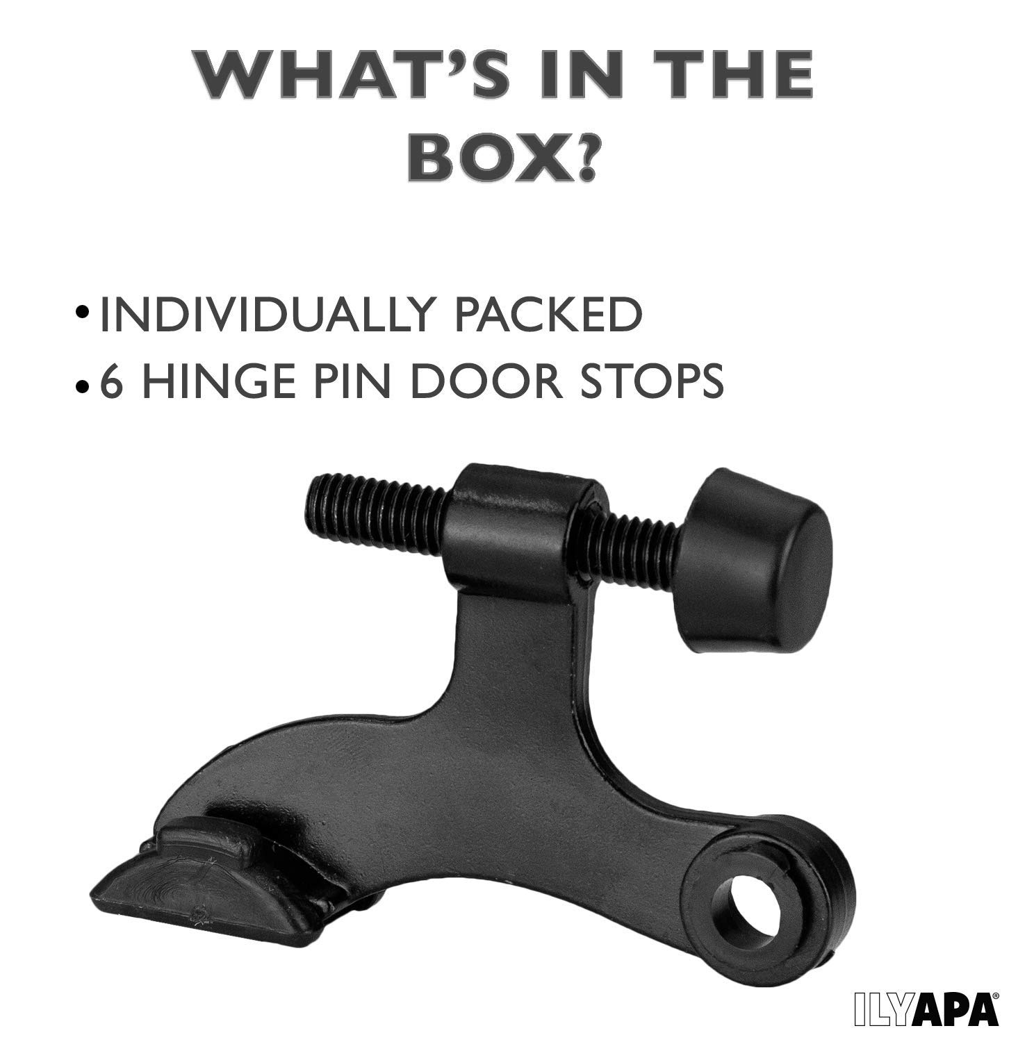 Ilyapa 6 Pack Matte Black Hinge Pin Door Stops - Heavy Duty Adjustable Stopper 2-1/2" x 1-3/4”, Door Stopper Wall Protector with Black Rubber Bumper Tips, Hinge Door Stop, Hinge Pin Door Stop 6 Pack