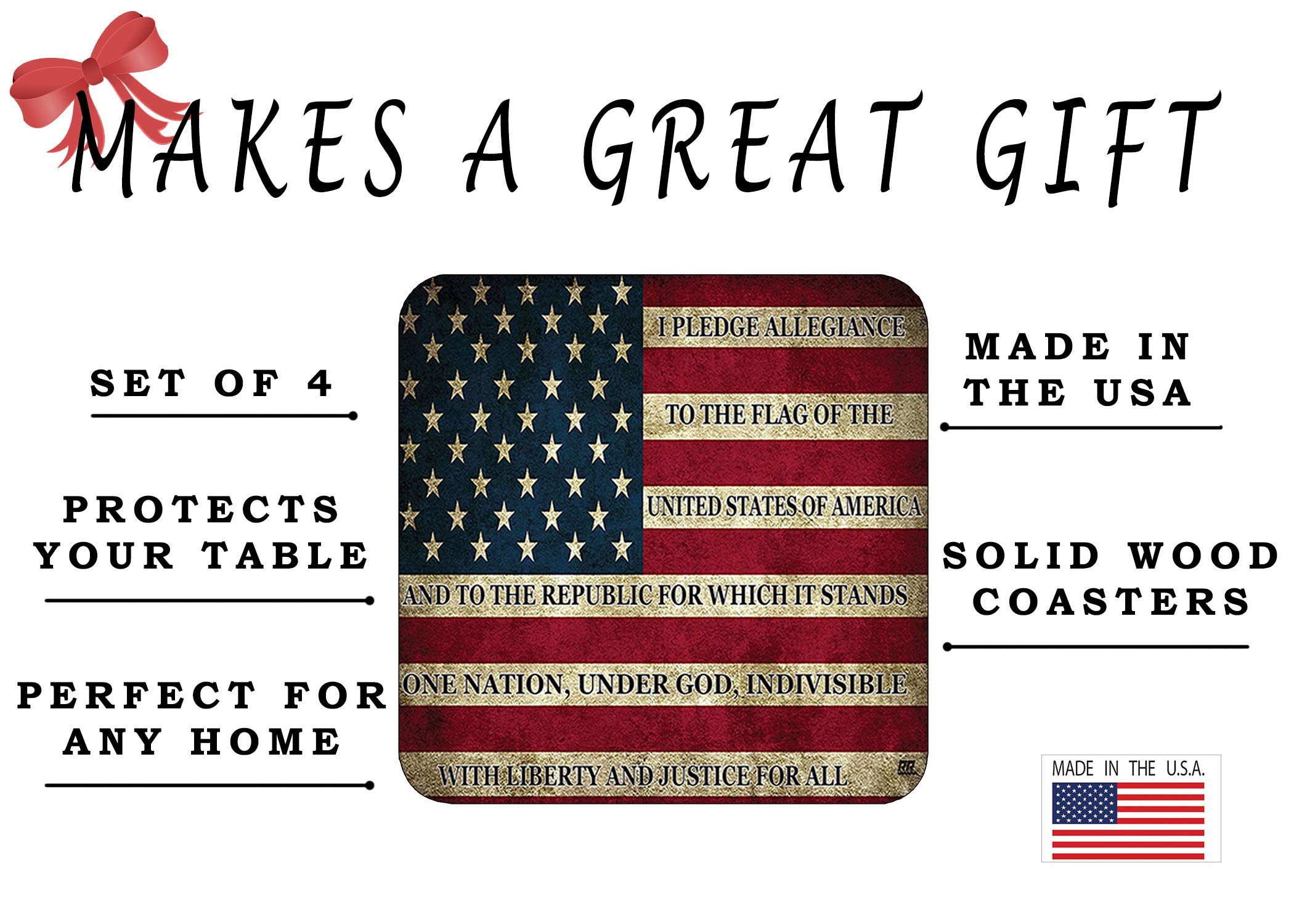 Patriotic USA Flag Drink Coaster Set Gift United States Pledge of Allegiance Bar Kitchen Home